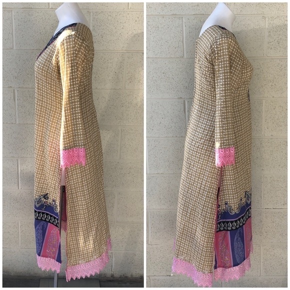 TAN Purple & Pink Paisley Pattern Indian Dress Kurta - Picture 3 of 6